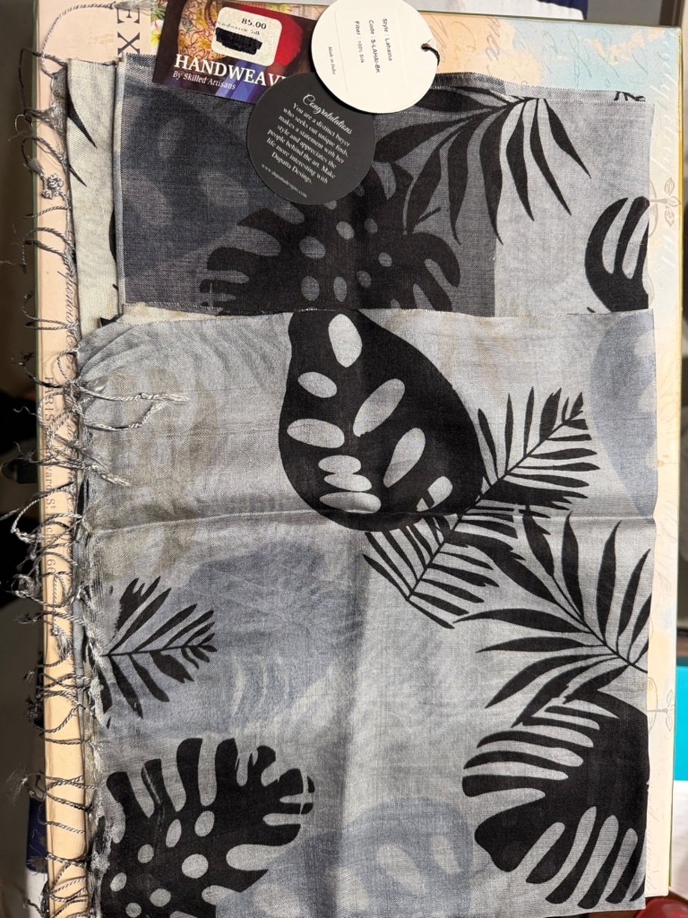 Handwoven Black and Gray Tropical Leaf Silk Scarf